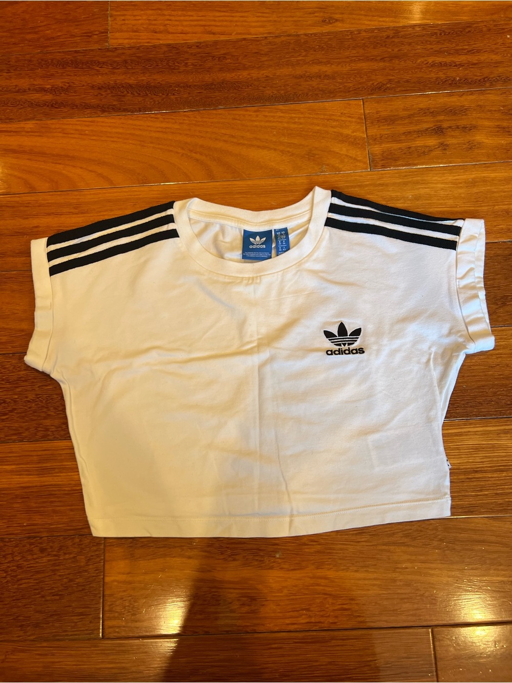 adidas White Cropped Tee with Black Shoulder Stripes